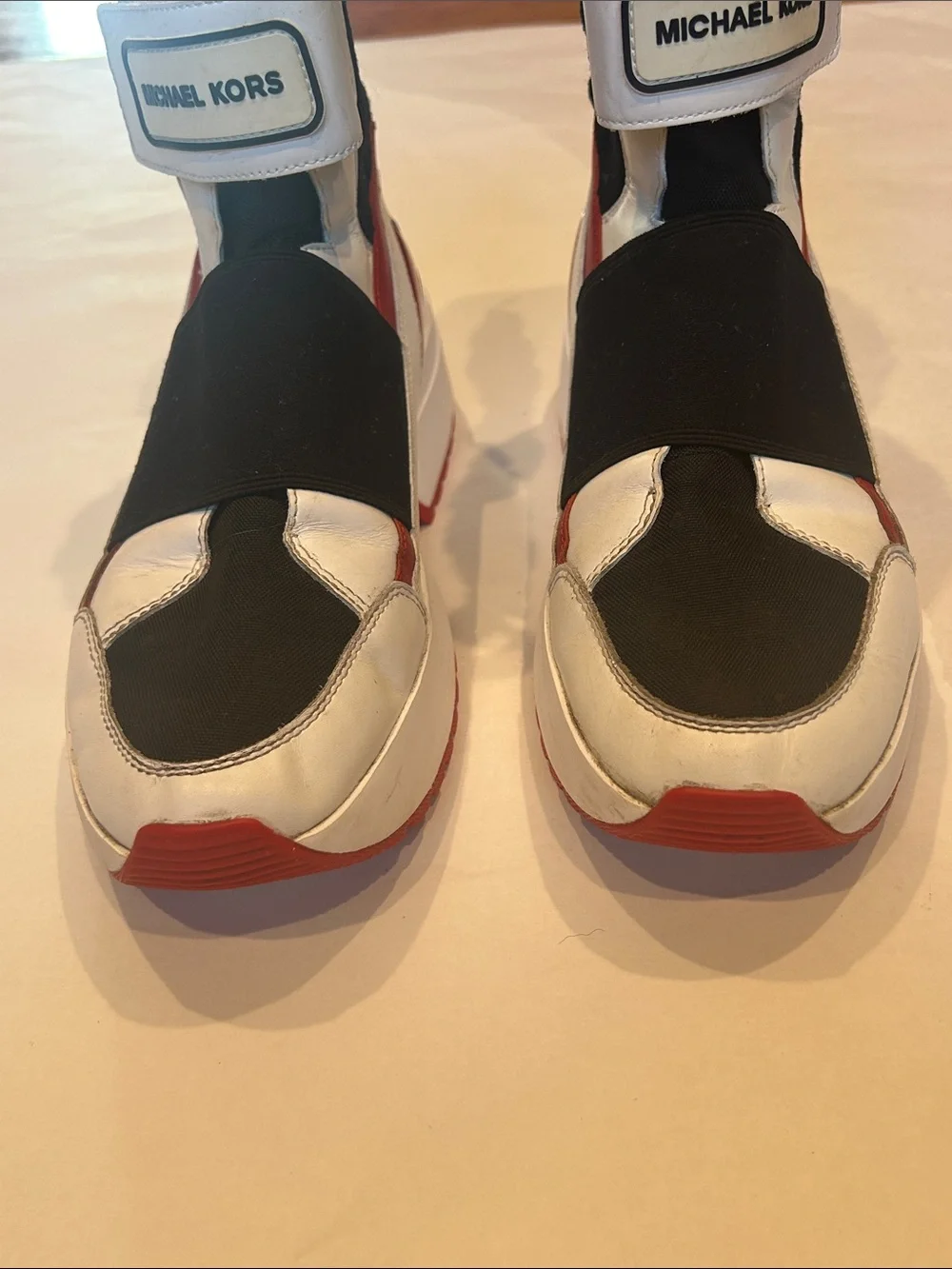 Michael Kors White, Black & Red High-Top Sneakers with Strap women’s size 9